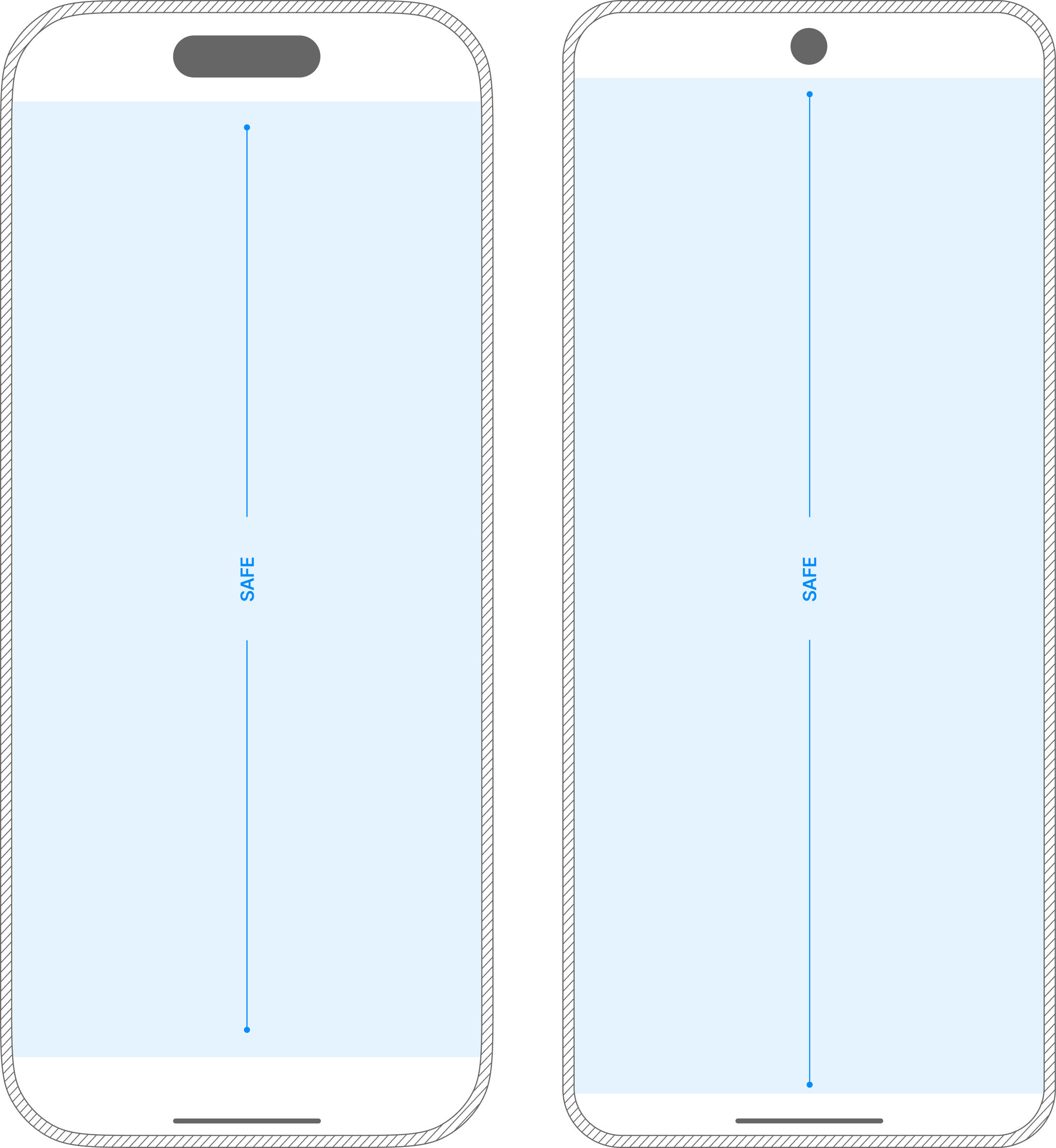 iOS and Android phones with blue safe content areas clear of camera cutouts and home indicators.